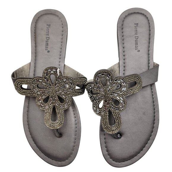 Pierre Dumas Womens Pewter Beaded Sandals Thong Flip Flop  Size 8 New in Box - Picture 1 of 6